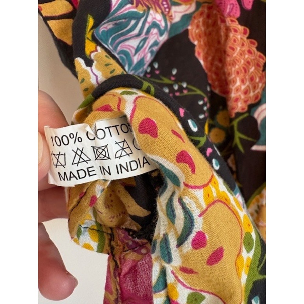 Dolma Womens XL Floral Cotton Tunic Top Black Pink Yellow Long Sleeve Split Neck - Picture 4 of 4
